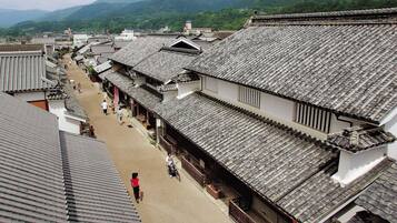 Experience the charm of a traditional Japanese town, lined with classic buildings and surrounded by lush greenery.