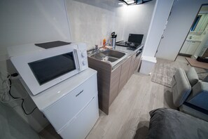 Basic Apartment | Private kitchen | Full-size fridge, microwave, stovetop, electric kettle
