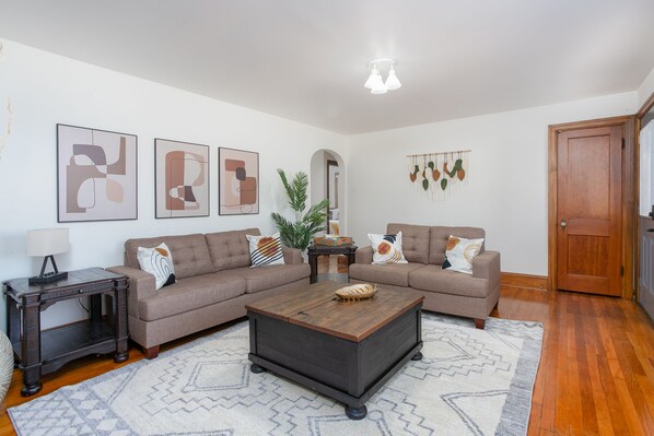 Smart TV, fireplace, books