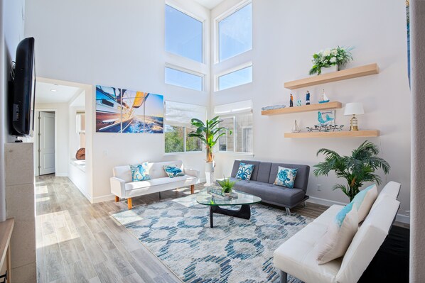 Smart TV, fireplace, books, computer monitors