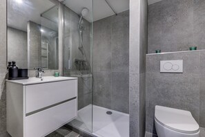 シャワー、ヘアドライヤー、タオル、トイレットペーパー