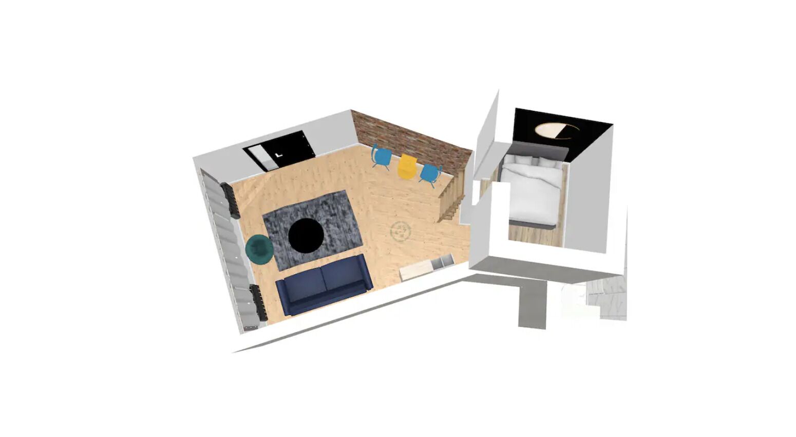 A 3D floor plan of a hotel room with a bed, a desk, a chair, a sofa, and a circular seating area.