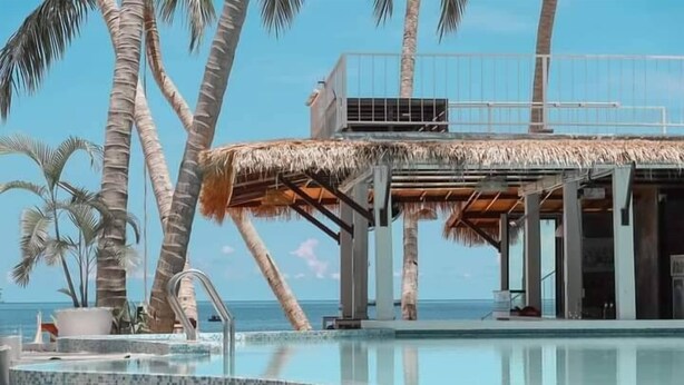 A pool area with a thatched roof structure, palm trees, and a clear view of the ocean. - Wind Beach Resort (Koh Tao)