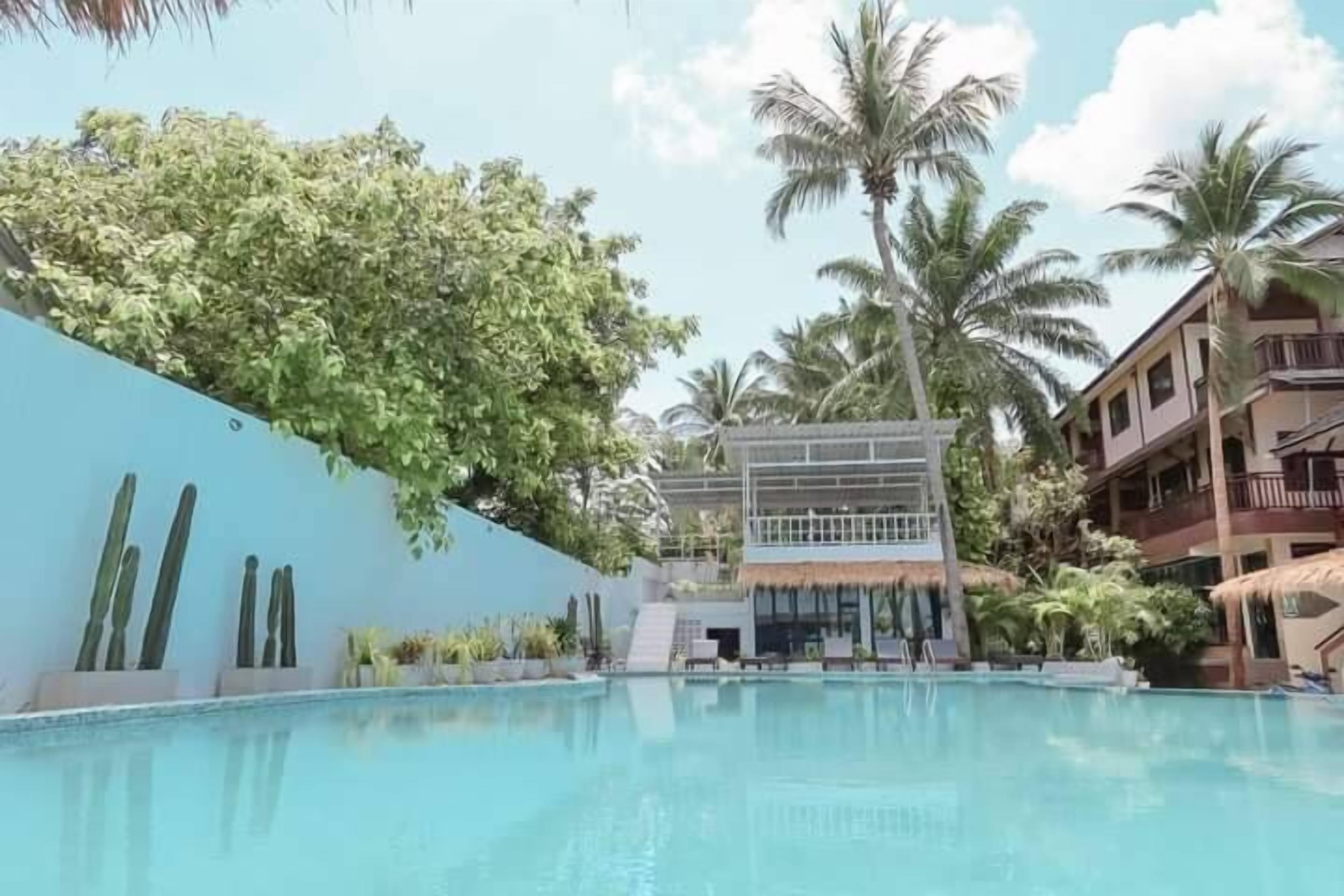 A pool area with a clear blue pool, palm trees, and a building with a thatched roof in the background.
