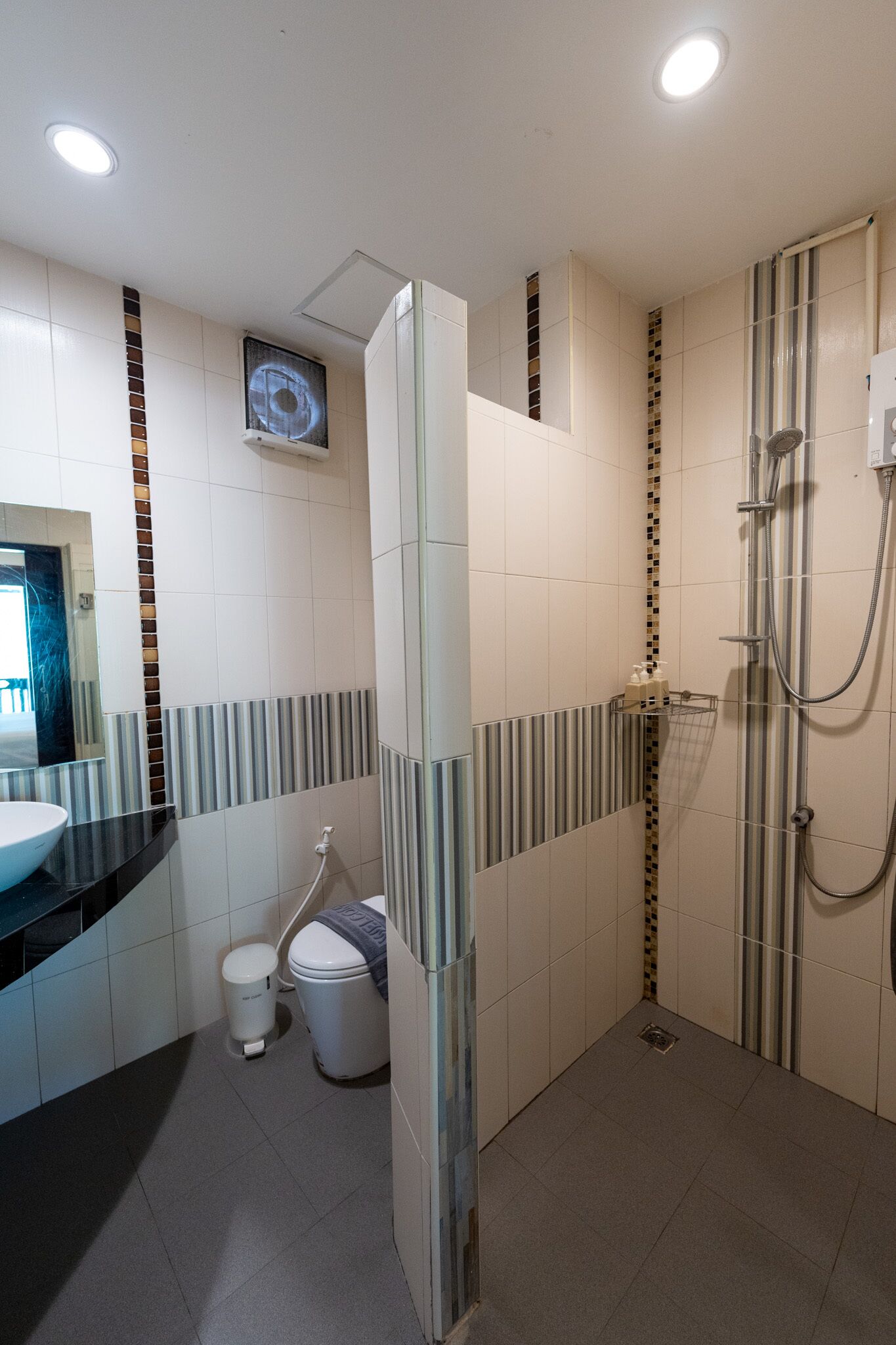 Une salle de bain moderne équipée d’une douche, de toilettes et d’un lavabo.