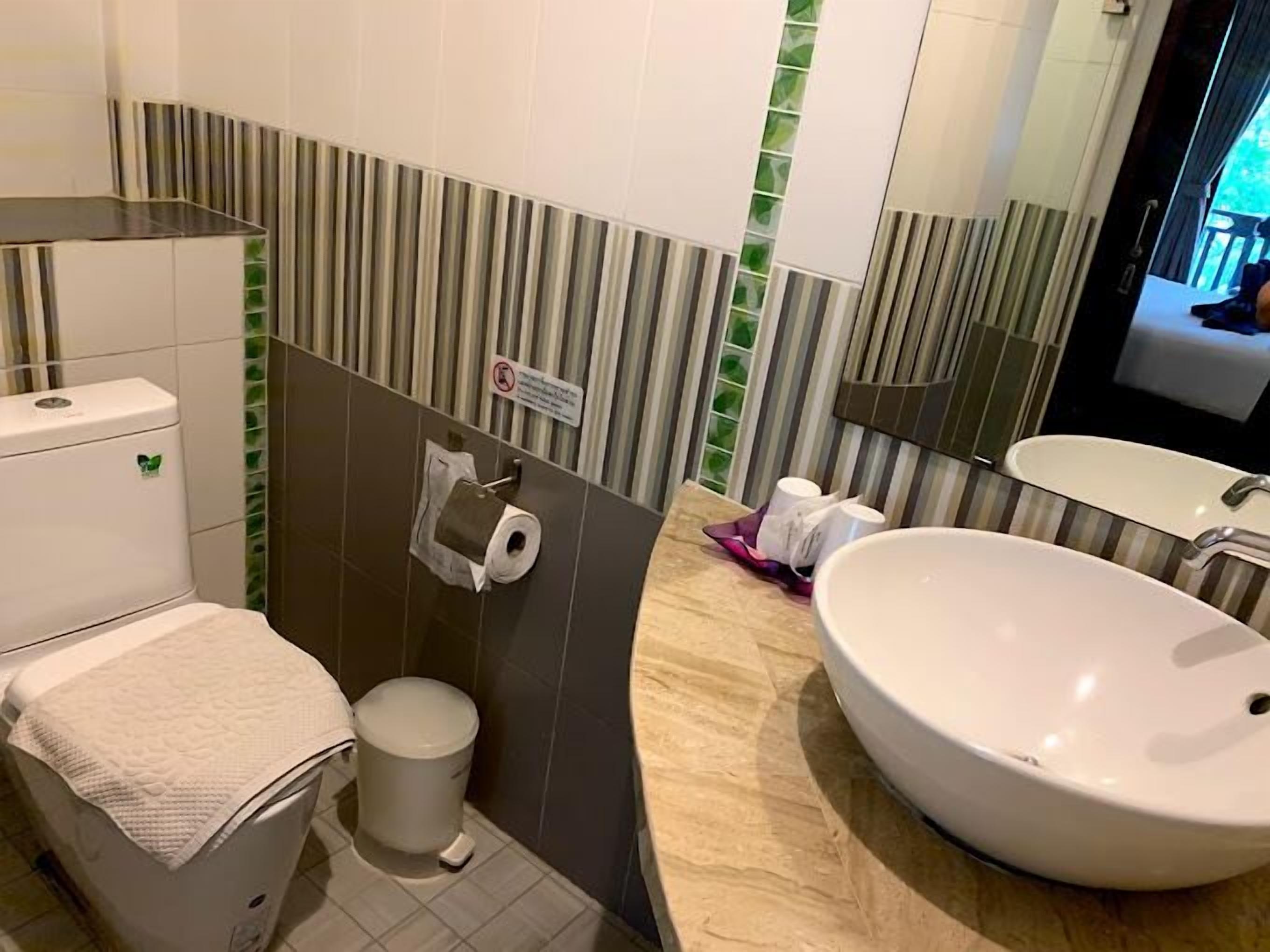 A bathroom with a toilet, a sink, and a mirror.