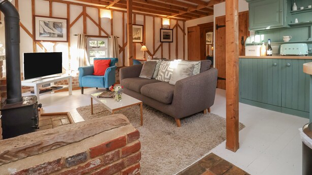 A cozy living room with a fireplace, a television, a sofa, and a kitchen area with teal cabinets. - Twosome (Halesworth)