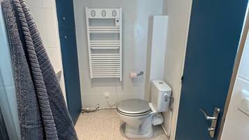 Shower, hair dryer, towels, toilet paper