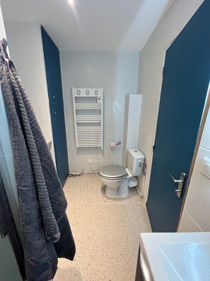Ein Badezimmer mit Toilette, Handtuchhalter und einem Handtuch an der Wand.