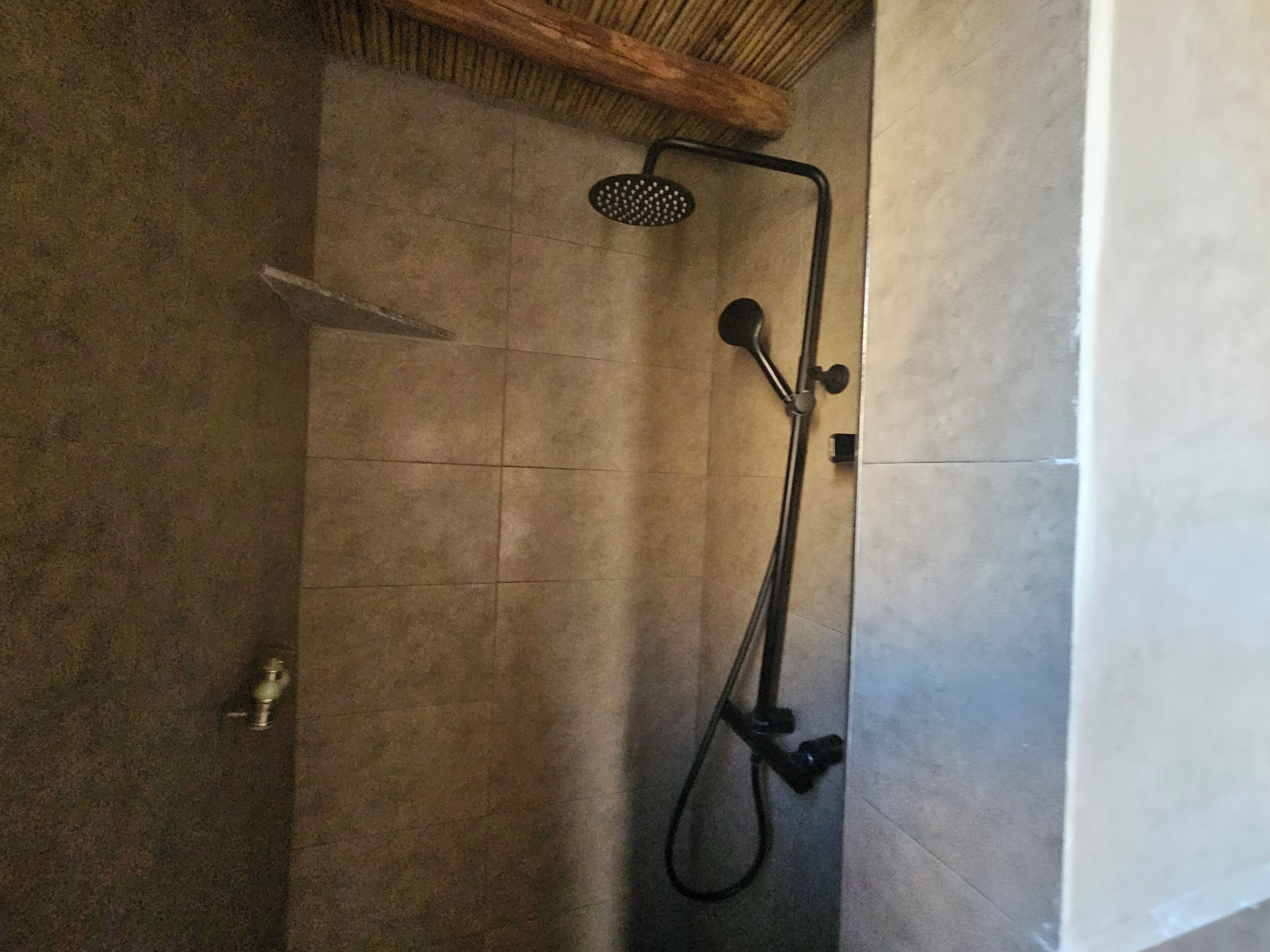 A shower with a handheld showerhead and a handheld hose.