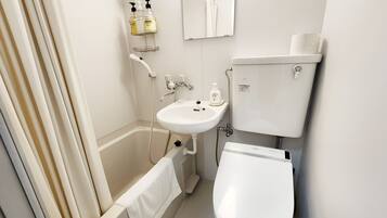 Combined shower/bathtub, hair dryer, slippers, bidet