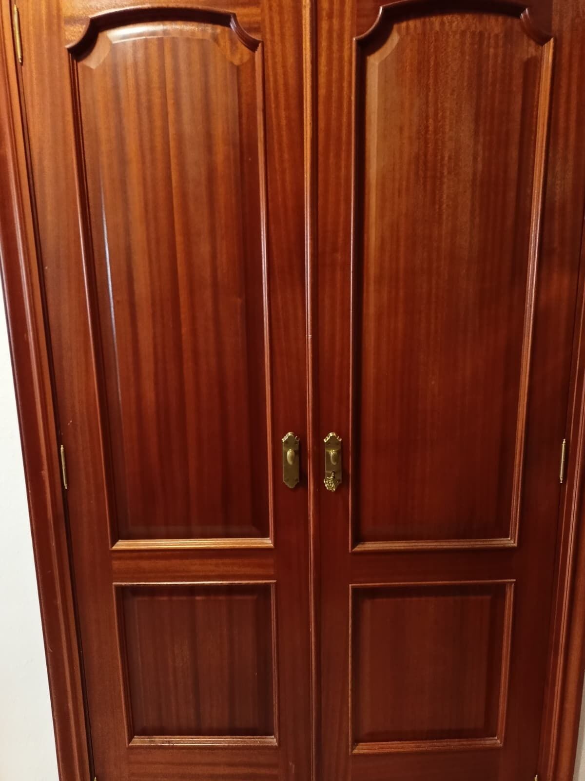 Une porte à deux battants en bois, dotée de poignées en laiton et ornée de panneaux décoratifs.