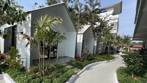 Un hôtel moderne doté d’un chemin sinueux bordé de verdure et de petites plantes.