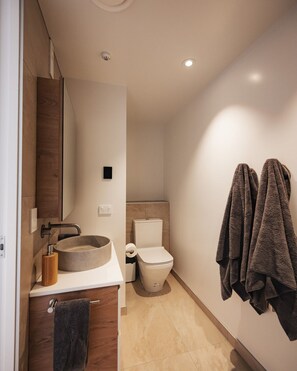 Features a large round sink, sleek toilet, and wooden cabinet with towel storage.