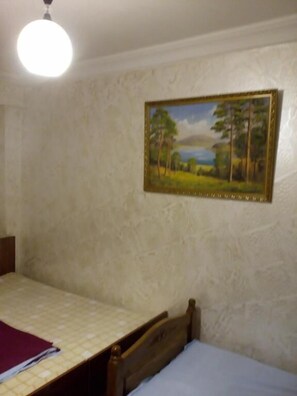 Un dormitorio con una cama, un cuadro en la pared y una lámpara en el techo.
