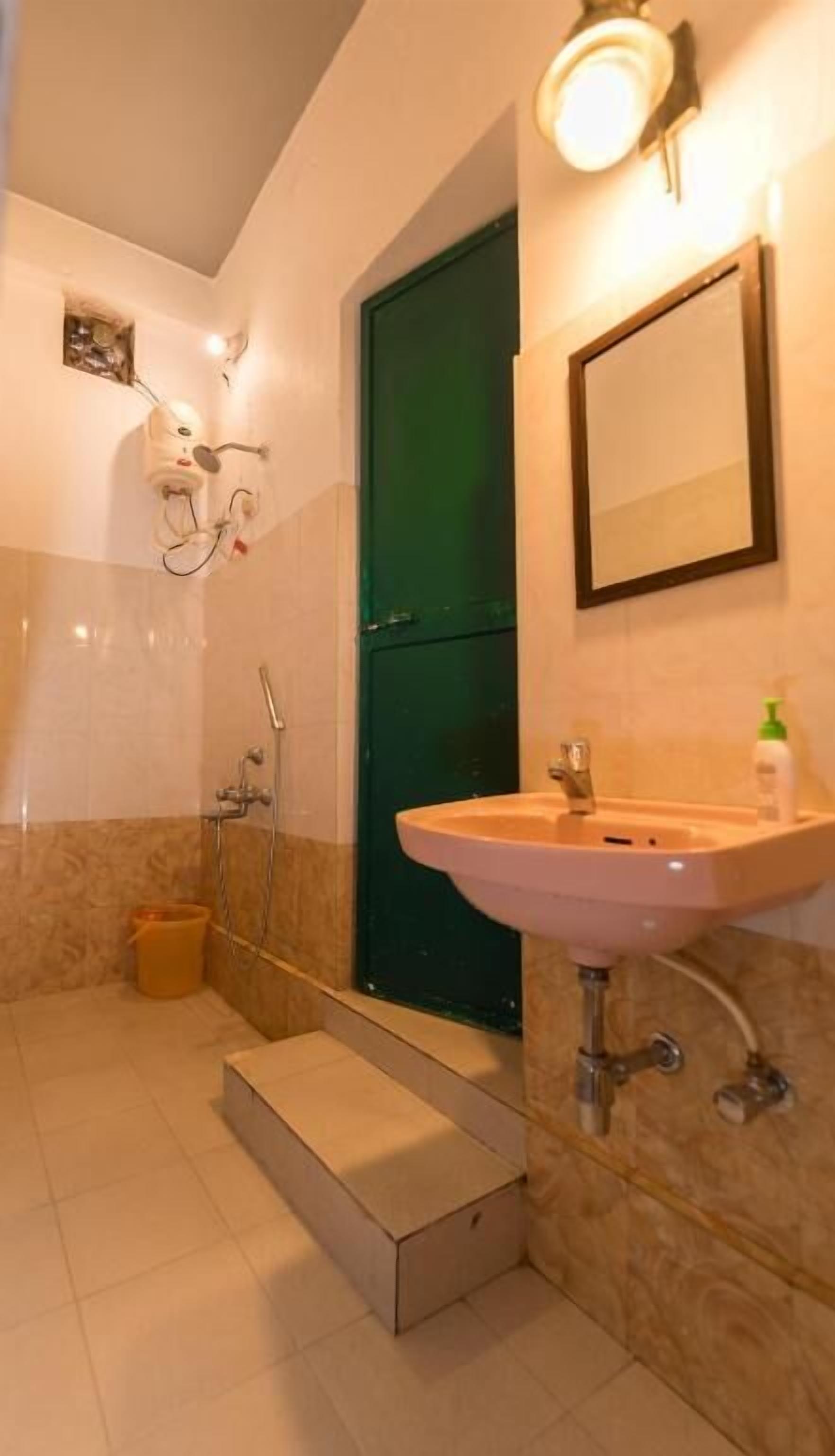 Un baño con una puerta verde, un lavabo y una ducha.