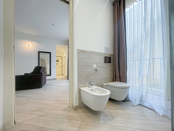 Shower, hair dryer, towels