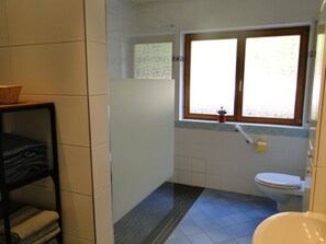 Dusche, Haartrockner, Handtücher, Toilettenpapier