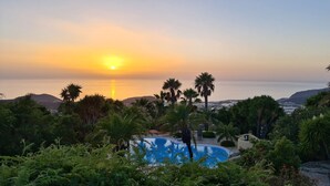 A pool surrounded by lush greenery and palm trees, with a view of the ocean and sunset in the background.