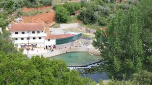 Un edificio con piscina, rodeado de vegetación y una ladera.