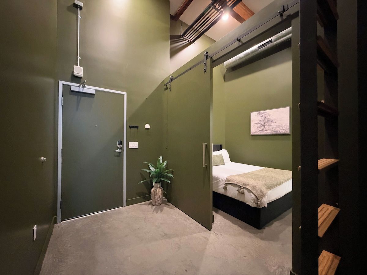A room with a bed, a plant, and a door leading to another room.