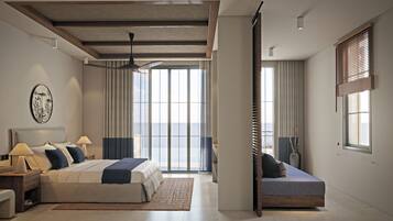 Luksussuite, 1 kingsize-seng, sjøutsikt | 1 soverom, sengetøy av topp kvalitet og senger med overmadrass