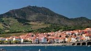 A coastal town with a mountain in the background, a harbor with boats, and buildings along the waterfront. - Maison Pleine de Charme (Saint-Féliu-d'Avall)