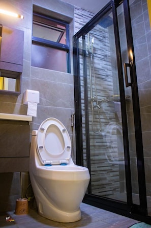 A modern bathroom with a toilet, a glass shower enclosure, and a towel dispenser.