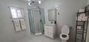 Shower, hair dryer, towels, soap
