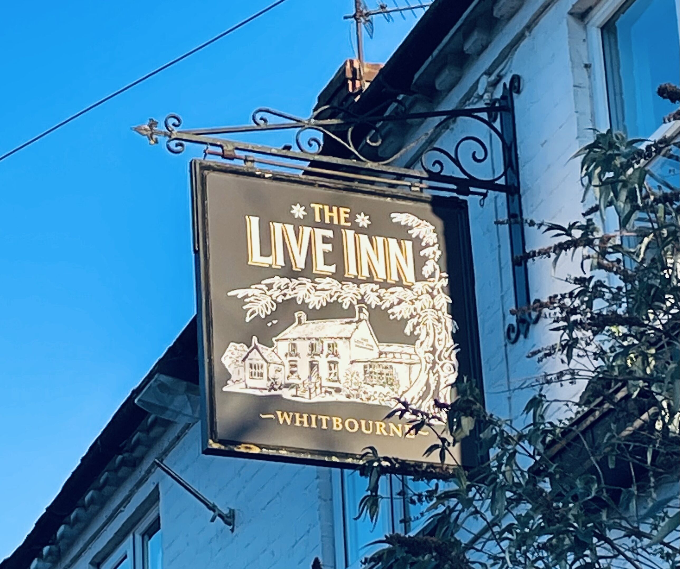 Indicador per a "The Live Inn" amb una representació d'un edifici i arbres.