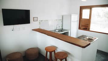 Fridge, microwave, stovetop, electric kettle