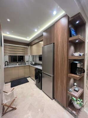 Fridge, oven, coffee/tea maker, electric kettle