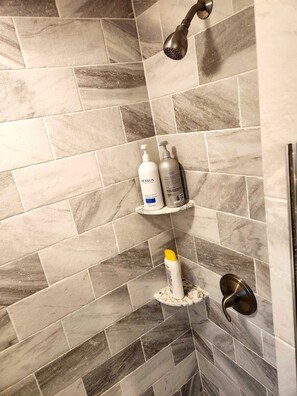 Hair dryer, towels, soap, shampoo