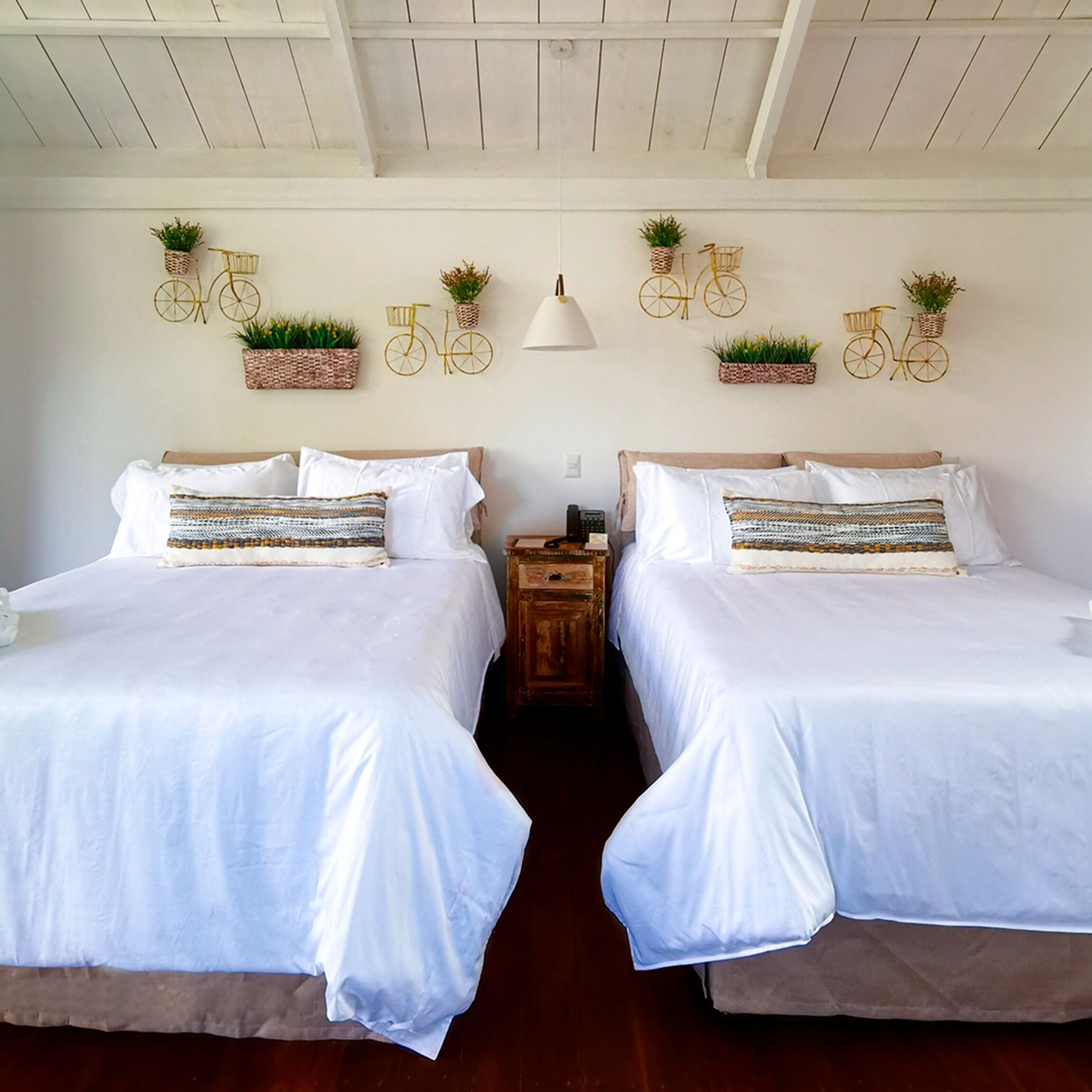 A hotel room with two beds, white bedding, wooden headboards, a nightstand with a lamp, and wall-mounted planters with greenery.