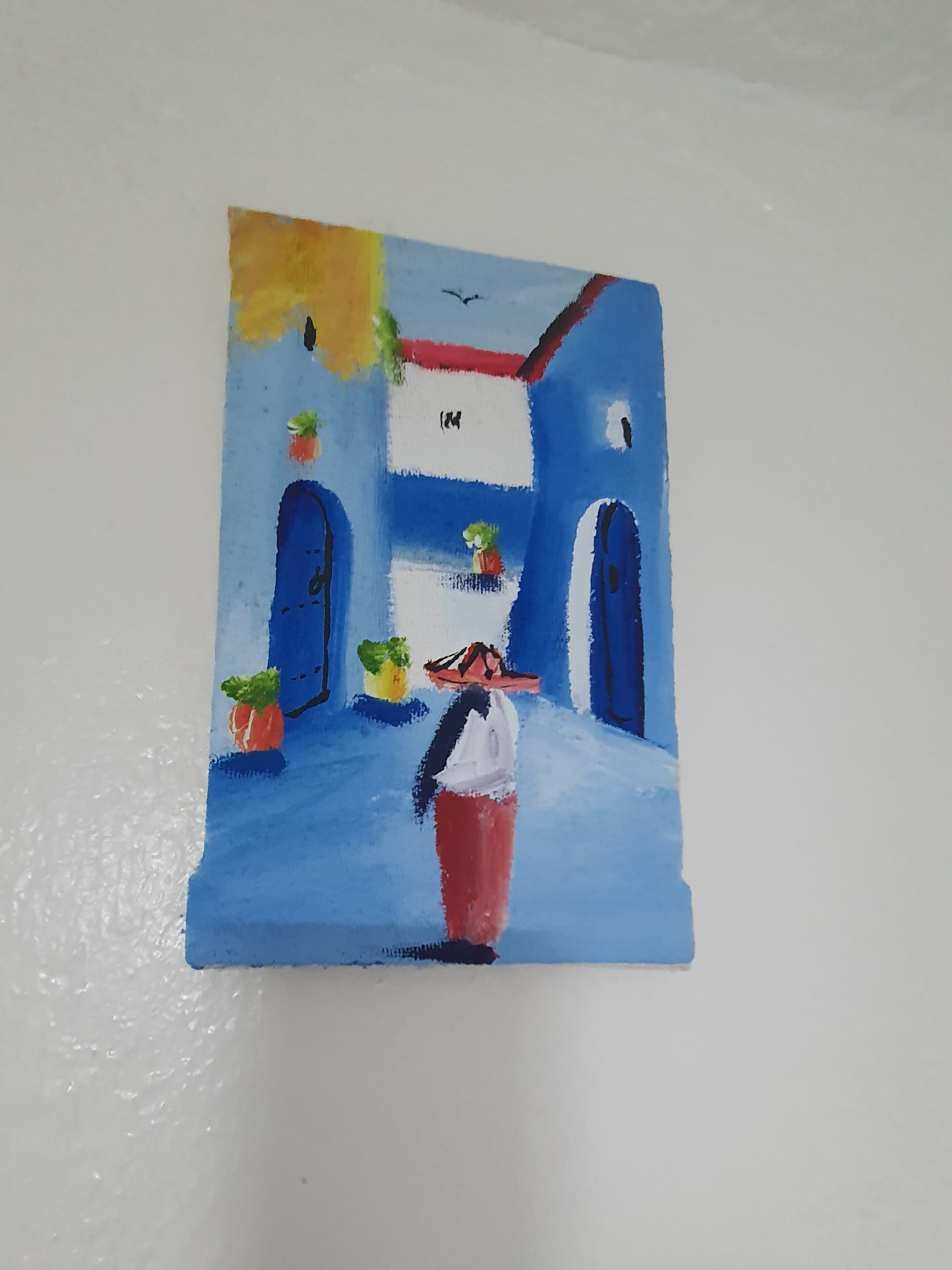 A painting of a hallway with a person, potted plants, and a sign with an 'M'.
