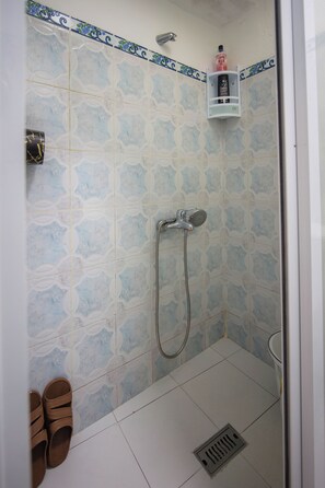 Douche, sèche-cheveux, serviettes fournies, savon