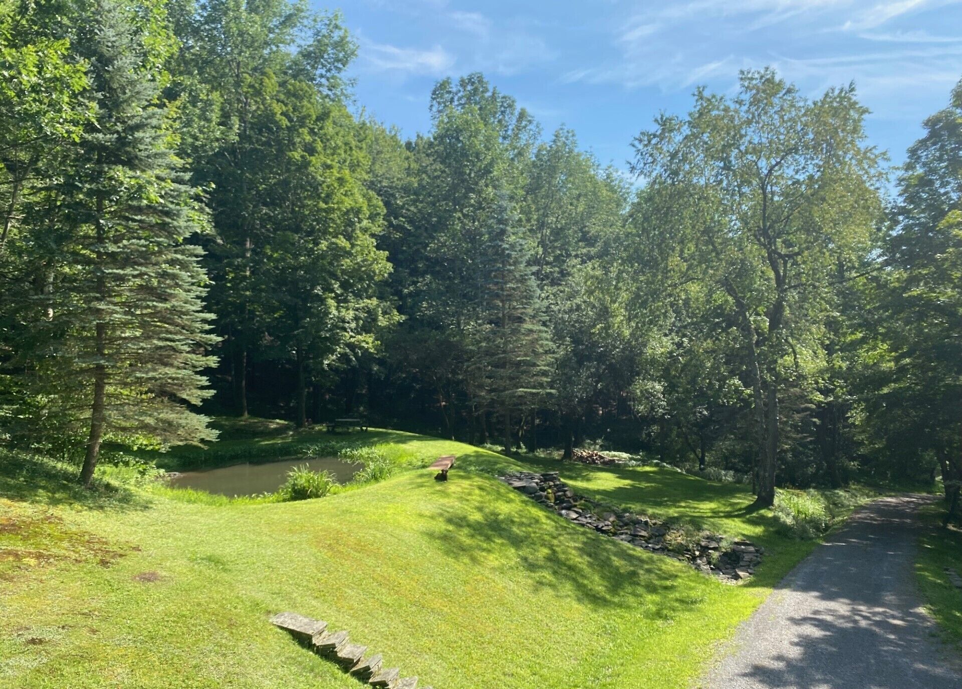 View of small pond and stone spillway from the front porch 