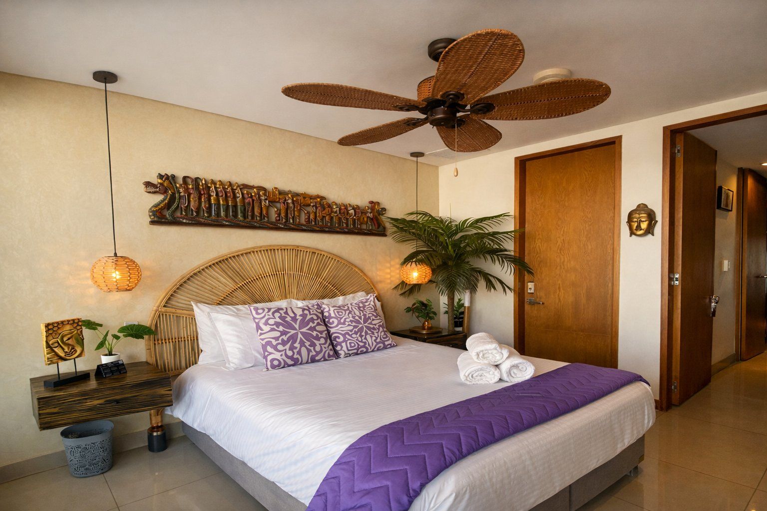 Un dormitorio con una cama, un ventilador de techo, un estante en la pared con adornos, una planta en maceta y una puerta de madera.