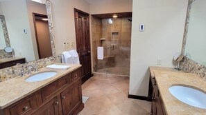 Shower, towels, soap, shampoo
