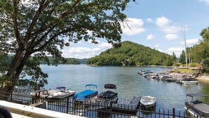 A lakeside dock with boats and a tree in the foreground. - Sapphire Mountain View Escape: Resort Amenities, Family & Pet Friendly! (Sapphire)
