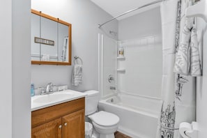 Hair dryer, towels, soap, toilet paper