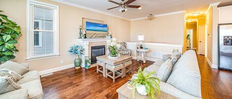 Smart TV, fireplace, books