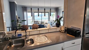 Et moderne køkken med en stålvask, indbygget ovn og spiseplads med havudsigt.