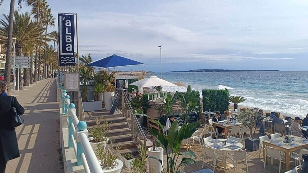 Un restaurante frente al mar con terraza al aire libre, un paseo peatonal y palmeras.