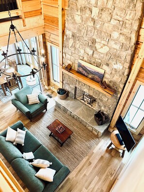 Smart TV, fireplace, books