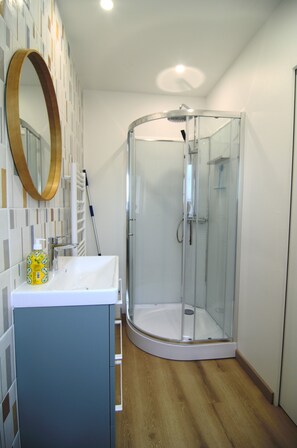 Shower, hair dryer, towels, soap