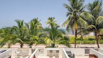 A rooftop terrace with outdoor seating, palm trees, and a clear view of the ocean.