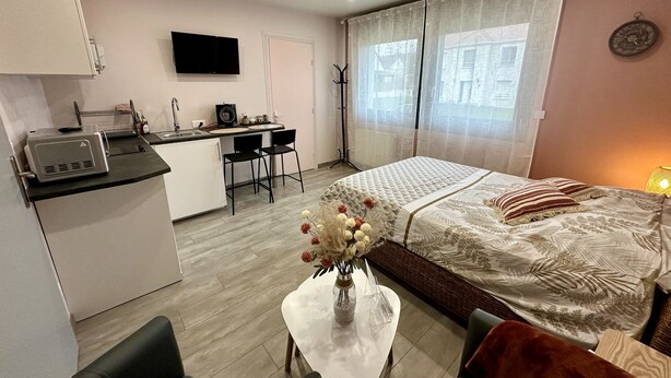 Una camera d'albergo compatta con angolo cottura, un letto con cuscini decorativi, un piccolo tavolo da pranzo e un vaso con fiori.