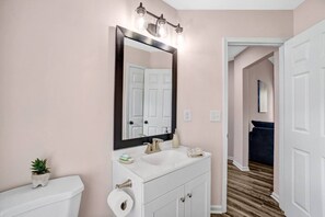 Hair dryer, towels, soap, shampoo