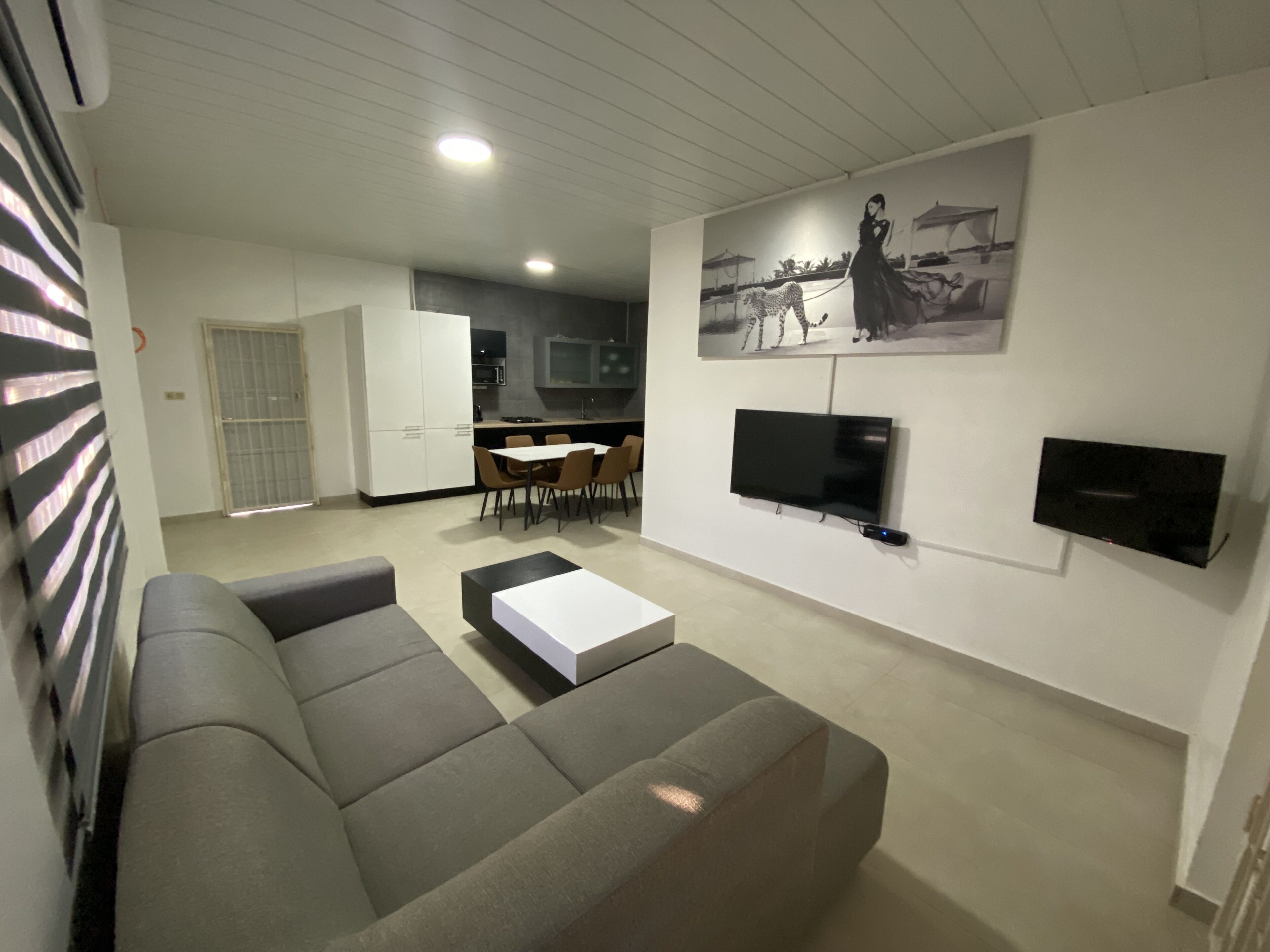 A modern living room with a grey sectional sofa, a dining area with a table and chairs, a kitchen in the background, and a mounted TV on the wall.